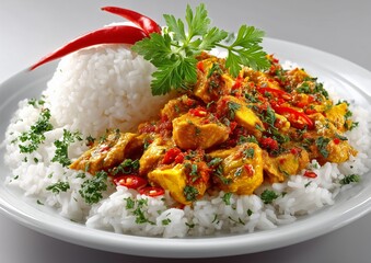 Delicious curry dish with tender chicken pieces, vibrant red chilies, and fresh herbs served over fluffy white rice, creating visually appealing and flavorful meal