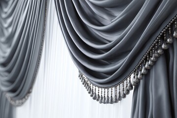 Elegant gray curtains drape gracefully, showcasing intricate pleats and decorative beading. soft fabric adds touch of sophistication to any interior space, enhancing overall aesthetic