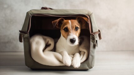 Jack Russell Terrier resting inside a fabric pet carrier with soft blanket, looking at camera indoors.