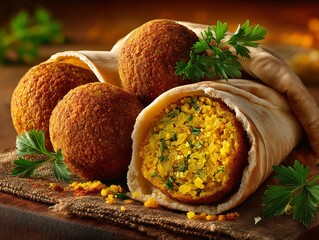 Delicious falafel balls wrapped in soft pita bread, garnished with fresh herbs, create mouthwatering dish that is both satisfying and flavorful