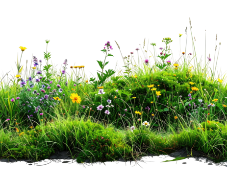 Colorful wildflowers and grasses flourish in a vibrant, sunlit meadow scene