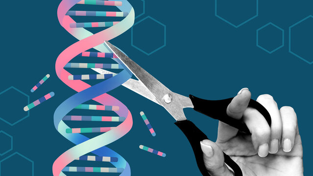 Bold surreal poster. Scissors cutting colorful DNA helix symbolizing gene editing. Concept of CRISPR, biotechnology, genome research, future medicine and healthcare innovation.