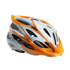 Modern bicycle helmet features aerodynamic design with vibrant orange and silver colors, ideal for cycling enthusiasts seeking safety and style