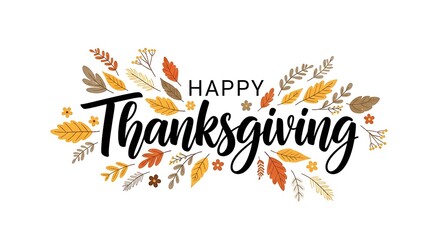Happy thanksgiving hand lettered calligraphy text surrounded by a decorative wreath of colorful autumn leaves and foliage celebrating the fall harvest season and holiday