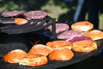 Roasting hamburger and meat outdoor