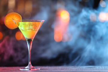 Glass of alcoholic cocktail with garnish on table against blurred background with smoke, space for text. Bokeh effect