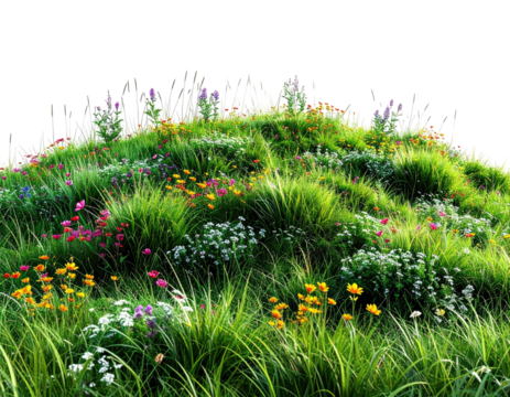 Lush, sunlit hill with varied green grass and vibrant wildflowers blooming