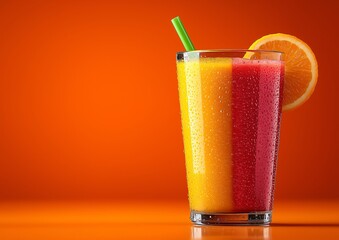 Refreshing smoothie glass with vibrant layers of orange and red, garnished with slice of orange and green straw, set against bright orange background