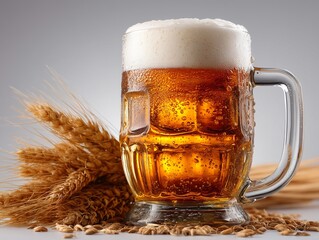 Tall frosty beer mug filled with golden beer sits beside fresh wheat, creating refreshing and inviting scene. bubbles rise in glass, enhancing visual appeal