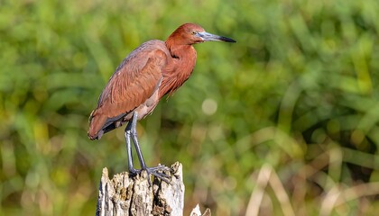 Rufous-colored wading bird perched on weathered wood stump against blurred green background