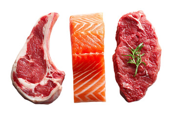 Assortment of raw meats and fish for gourmet cooking