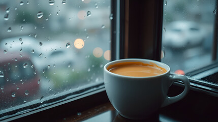 Contemplative cup of hot beverage near a window during a rain-soaked evening