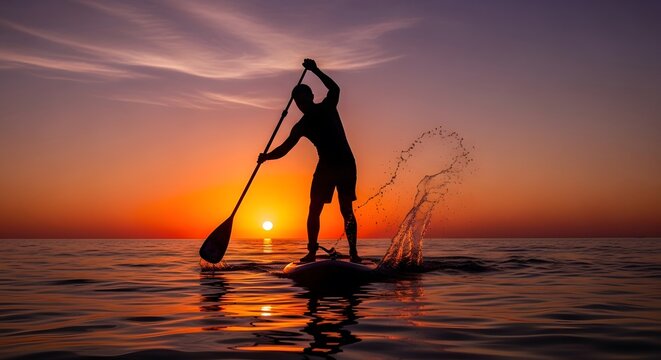 Silhouette of a person paddleboarding on the ocean at sunset, capturing the beauty and tranquility of the sea with vibrant colors, holistic wellness - Powered by Adobe