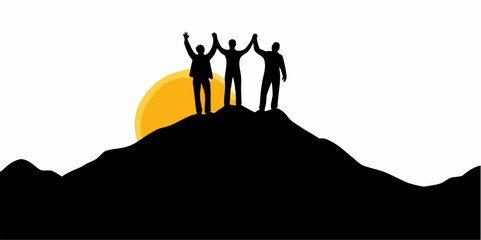 Team celebrating success, conquering goals, reaching new heights at sunset, symbolizing teamwork, leadership, achievement, and motivation in business
