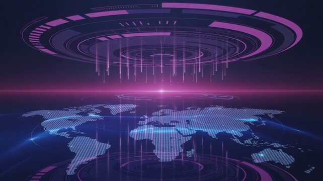 Futuristic world map with digital HUD elements technology background for presenta