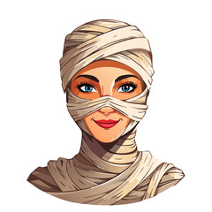 Cartoon Mummy Woman with Wrapped Bandages and Bright Blue Eyes