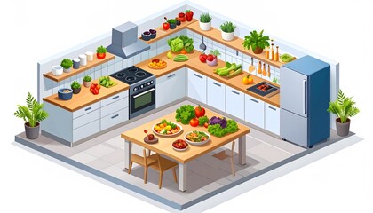 Fototapeta premium Isometric View of a Modern Kitchen Abundantly Stocked with Fresh Produce and Prepared Dishes