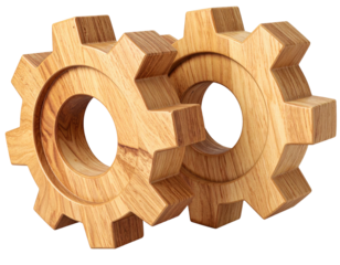 Two interlocking wooden gears, intricately carved, with grain detail, isolated