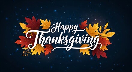 Beautiful and festive happy thanksgiving greeting card design featuring elegant white calligraphy surrounded by vibrant autumn leaves and a dark starry background