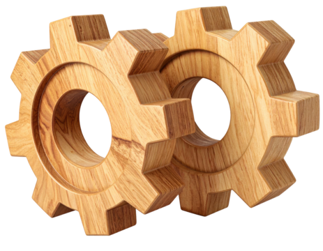 Two interlocking wooden gears, intricately carved, with grain detail, isolated - Powered by Adobe