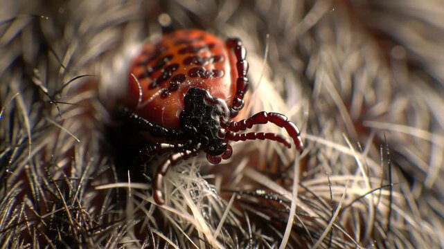 tick embedded in mammal skin, legs gripping tightly, mouthparts buried, blood engorgement in progress
