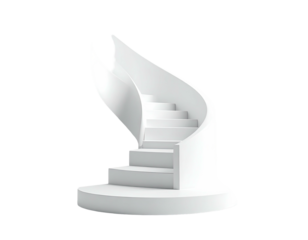 Elegant, minimalist, white spiral staircase ascending against a stark black backdrop