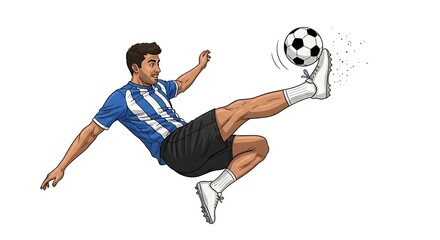 Dynamic illustration of a male soccer player performing a powerful bicycle kick with the ball suspended in mid-air, captured in a moment of athletic action