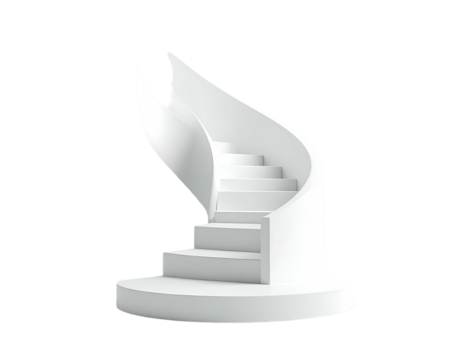Elegant, minimalist, white spiral staircase ascending against a stark black backdrop