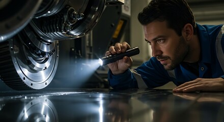 Aircraft Engine Maintenance: Engineer Inspecting Turbine with Flashlight