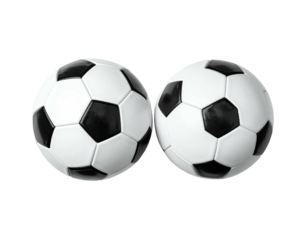 Two soccer balls, white and black, with classic pentagon and hexagon design, on black