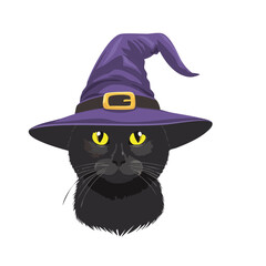 Cartoon Black Cat with Green Eyes Wearing a Purple Witch Hat