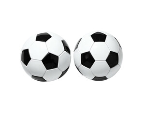 Two soccer balls, black and white, side by side, against a black background