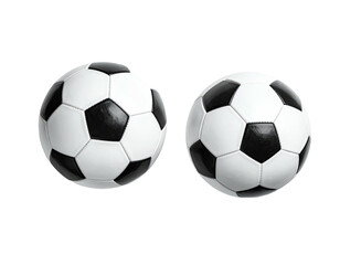 Two classic soccer balls, one angled, on a transparent background