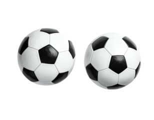 Two classic soccer balls, one angled, on a transparent background