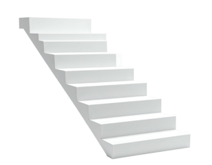 Simple, white staircase floating against a stark black background
