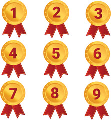 Big Set of Gold Award Medals with Numbers One to Nine