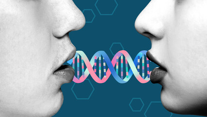 Bold poster. Hand controlling DNA helix with puppet strings in genetic manipulation concept. Concept of biotechnology ethics, genetic engineering, laboratory innovation and science storytelling.