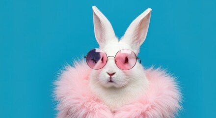 Obraz premium Stylish White Rabbit with Pink Glasses and Fur Collar bunny animal pet cute sunglasses fashion style portrait blue background mammal