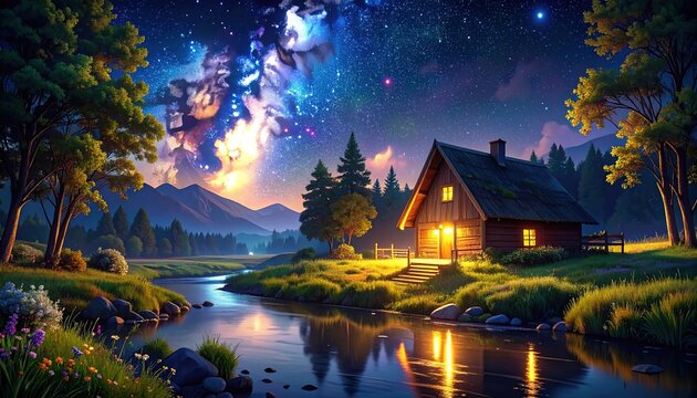 A serene, luminous log cabin nestled by a tranquil river, bathed in the soft glow of a starry night sky. - Powered by Adobe