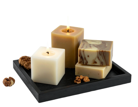Lit candles and soaps on a black tray with nuts, against a stark black background