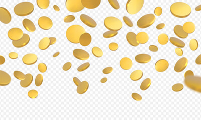 3D golden coins falling down, vector currency cent, money cash explosion, business finance investment symbol, game award