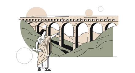 Ancient Roman Engineer Presenting Aqueduct Design with Artistic Render Style of Architecture