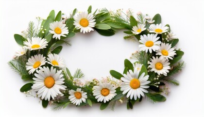 Obraz premium Square Floral Wreath With Daisies And Green Leaves Isolated On Transparent Background