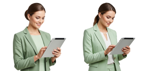 Group of diverse business women wearing light green clothes using tablet isolated on transparent white background