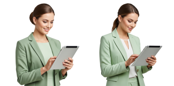 Group of diverse business women wearing light green clothes using tablet isolated on transparent white background