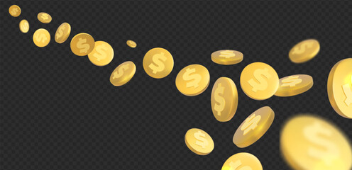 Dollar coins pile falling, vector money cash fly, golden coin usd American currency, financial investment, payment, bank