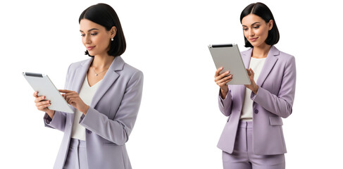 Group of diverse business women wearing light purple clothes using tablet isolated on transparent white background