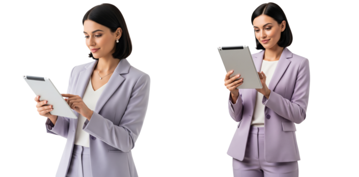 Group of diverse business women wearing light purple clothes using tablet isolated on transparent white background