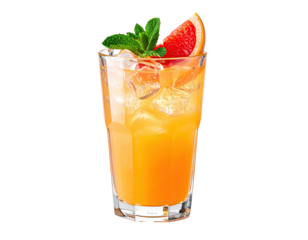 Tall, amber cocktail with ice, citrus slice, and mint garnish in a glass