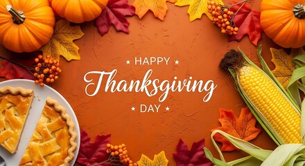 A festive overhead view of a thanksgiving table setting with a pie pumpkins corn and autumn leaves perfect for holiday greetings and seasonal promotions